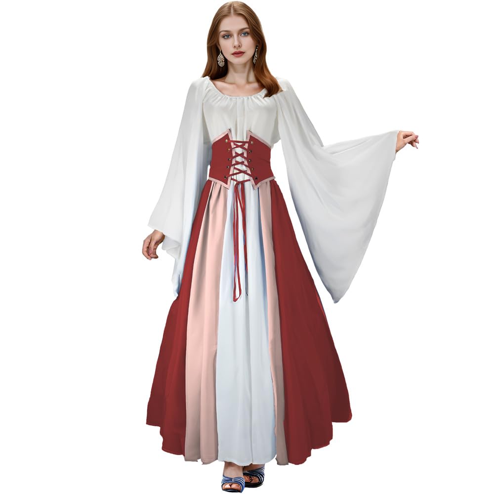 Abaowedding Women's Renaissance Medieval Costumes Dress Trumpet Sleeves Gothic Retro Gown