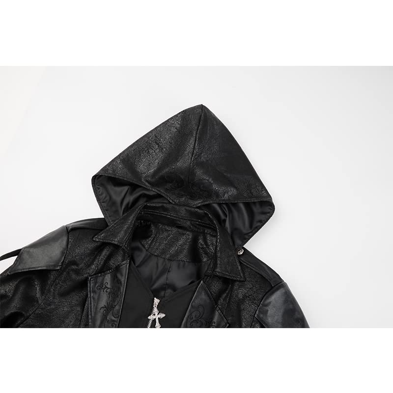 Men's Steampunk PU Leather Jacket with Hood - Gothic Victorian Vampire Coat Medieval Adjustable Tailcoat Gear