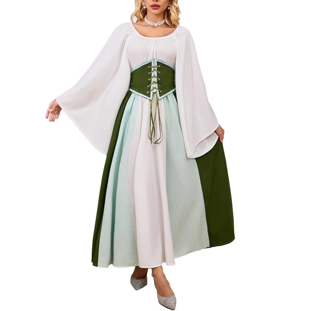 Abaowedding Women's Renaissance Medieval Costumes Dress Trumpet Sleeves Gothic Retro Gown