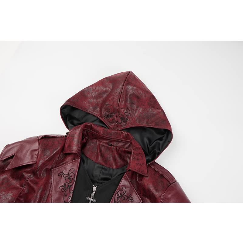 Men's Steampunk PU Leather Jacket with Hood - Gothic Victorian Vampire Coat Medieval Adjustable Tailcoat Gear