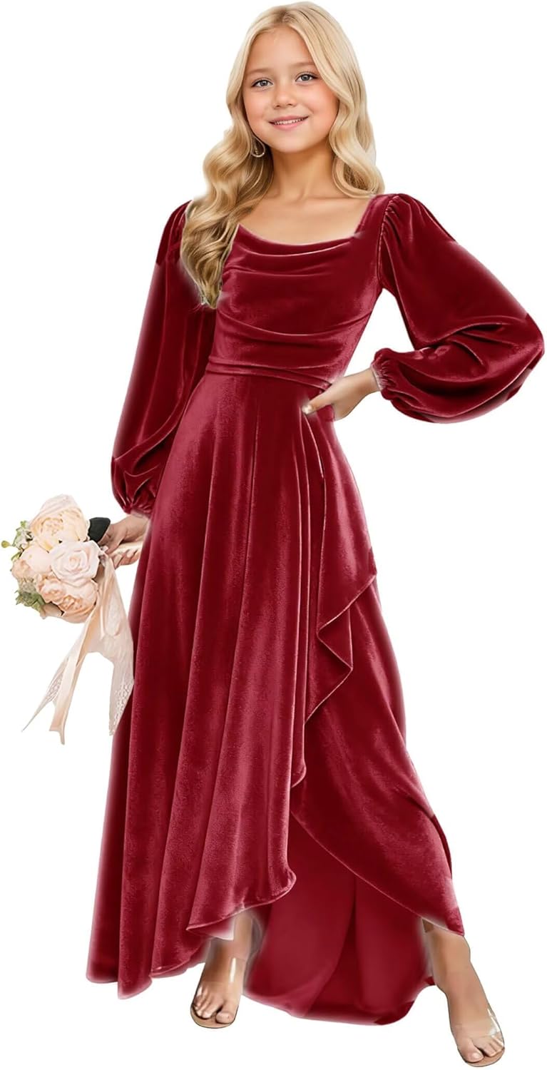 Long Sleeves Junior Bridesmaid Dresses Velvet Flower Girl Dress for Wedding Party Pageant Gowns with Ruffle