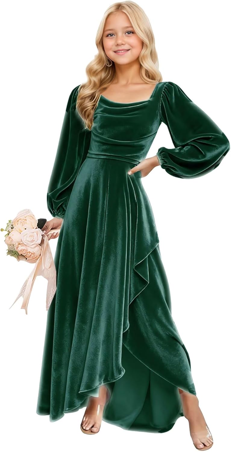 Long Sleeves Junior Bridesmaid Dresses Velvet Flower Girl Dress for Wedding Party Pageant Gowns with Ruffle