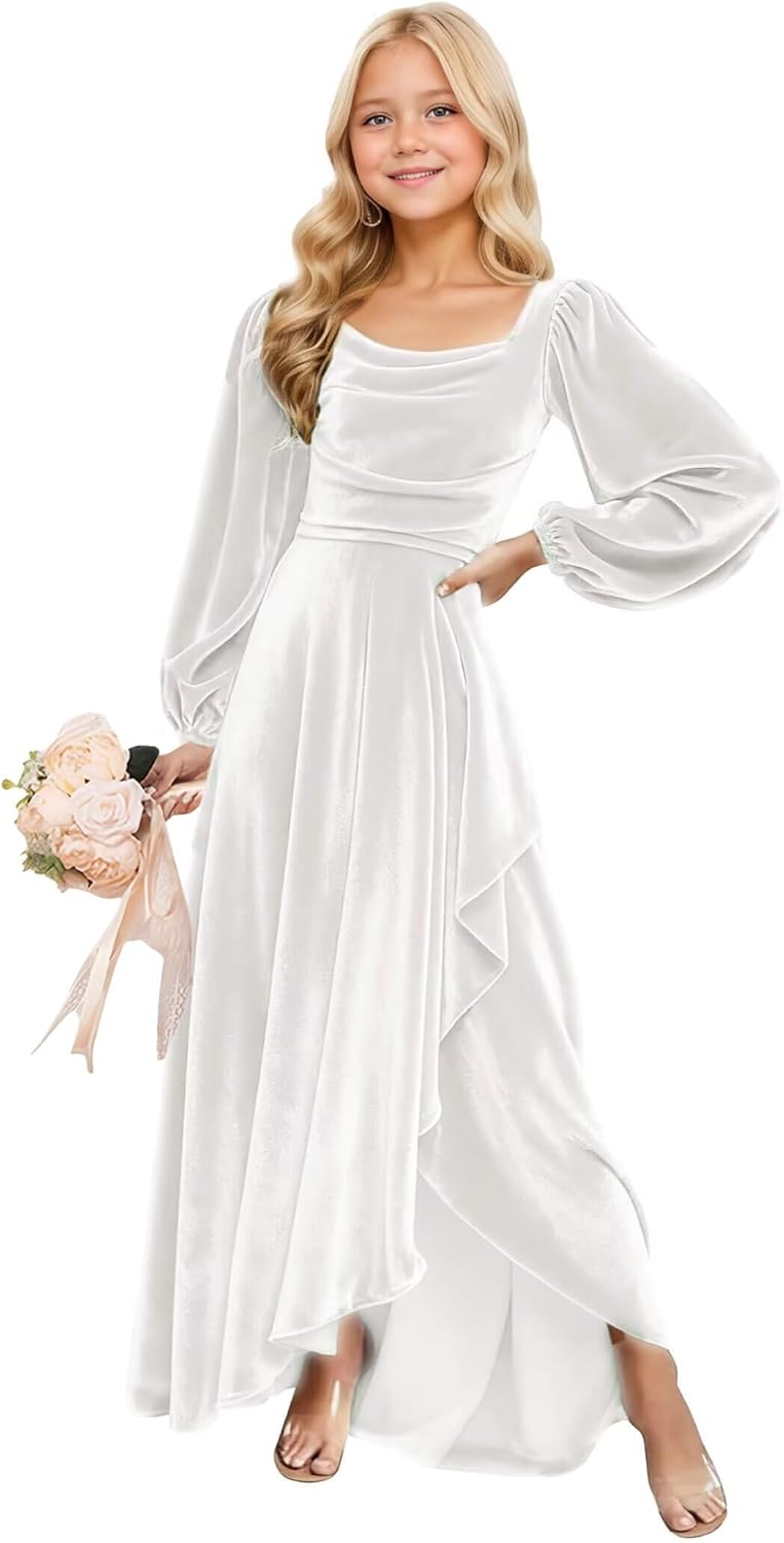 Long Sleeves Junior Bridesmaid Dresses Velvet Flower Girl Dress for Wedding Party Pageant Gowns with Ruffle