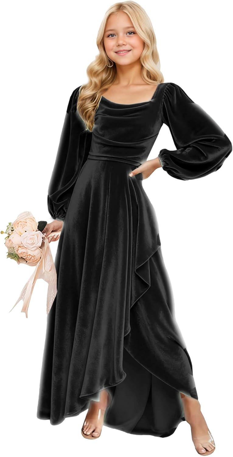 Long Sleeves Junior Bridesmaid Dresses Velvet Flower Girl Dress for Wedding Party Pageant Gowns with Ruffle