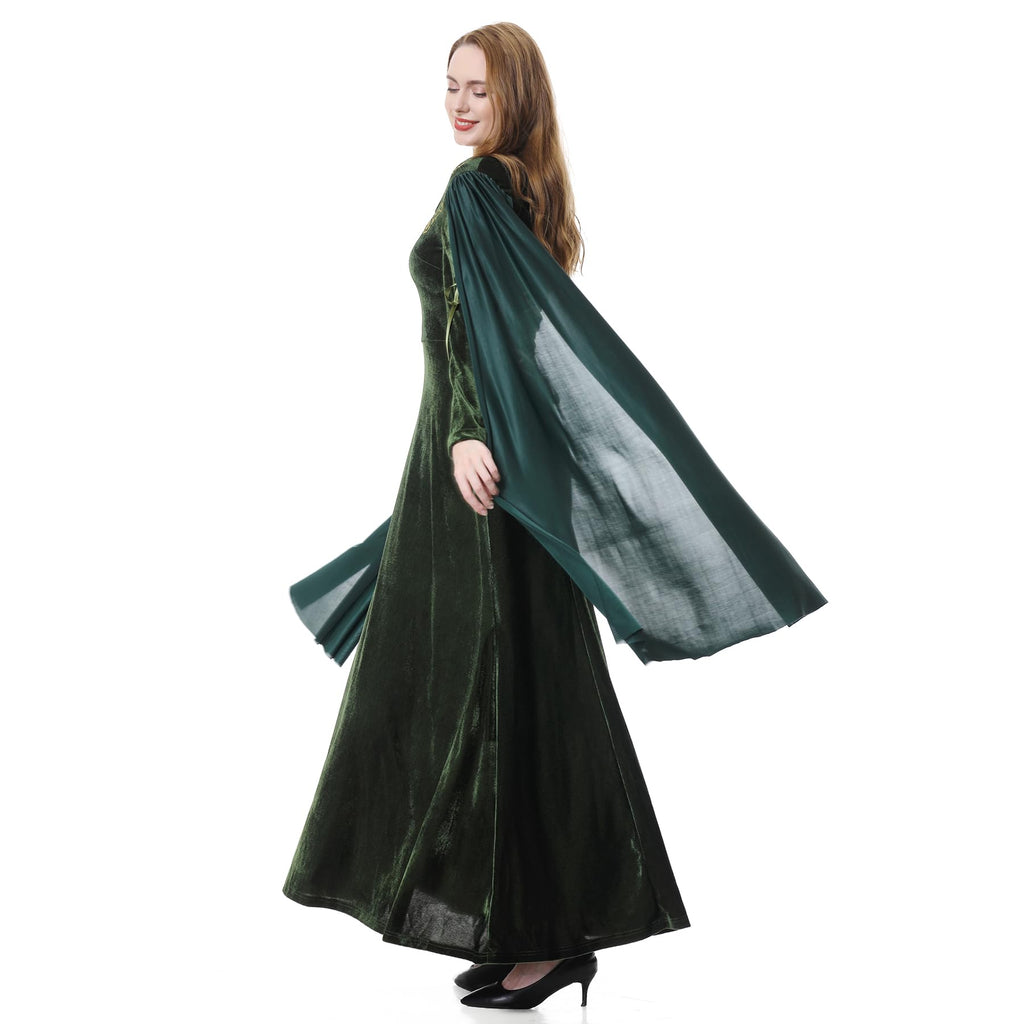 Colorful House Women Medieval Tea Party Dress Victorian Era Bubble Sleeves Velvet High Waist Long Dress with Belt and Gloves