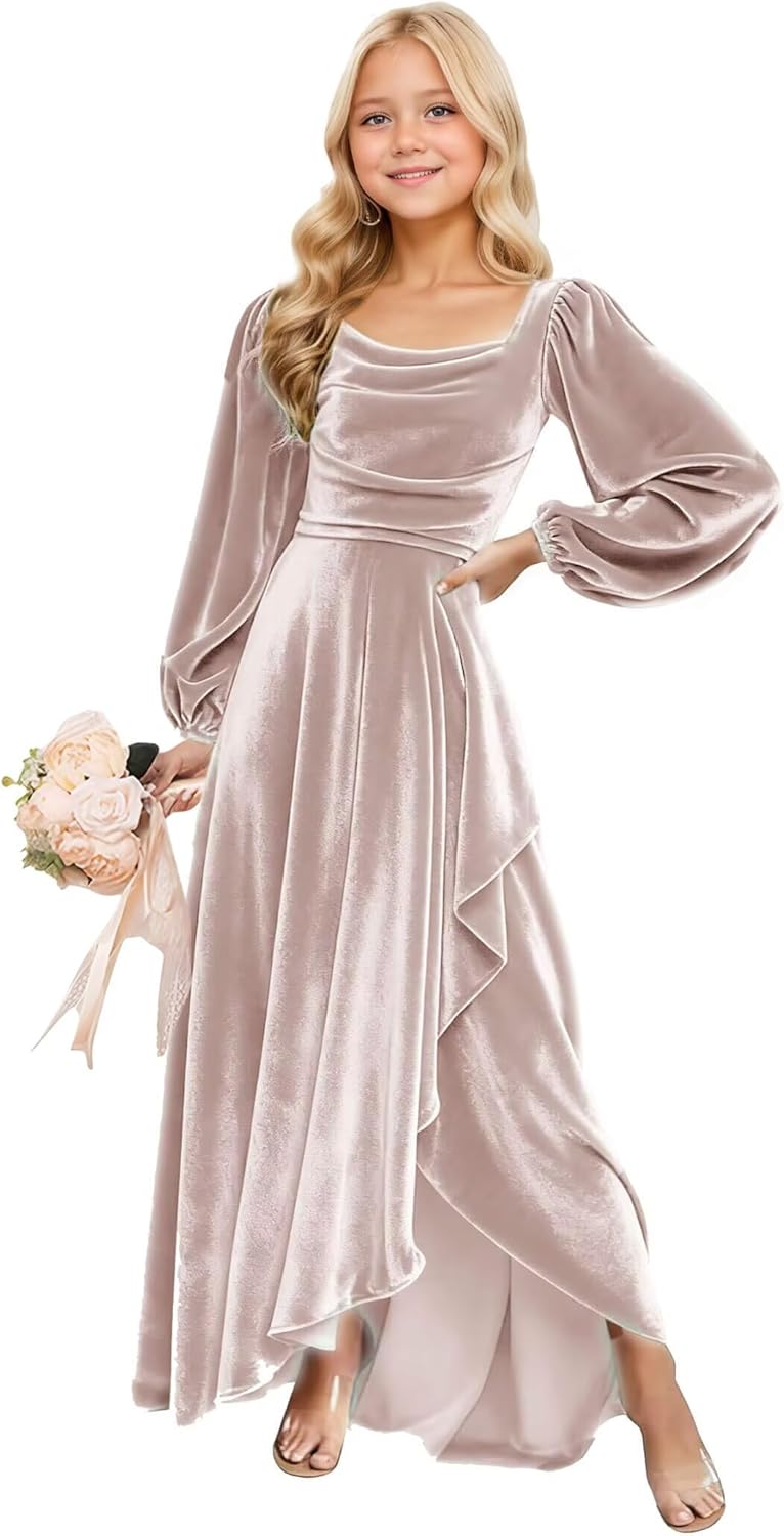 Long Sleeves Junior Bridesmaid Dresses Velvet Flower Girl Dress for Wedding Party Pageant Gowns with Ruffle