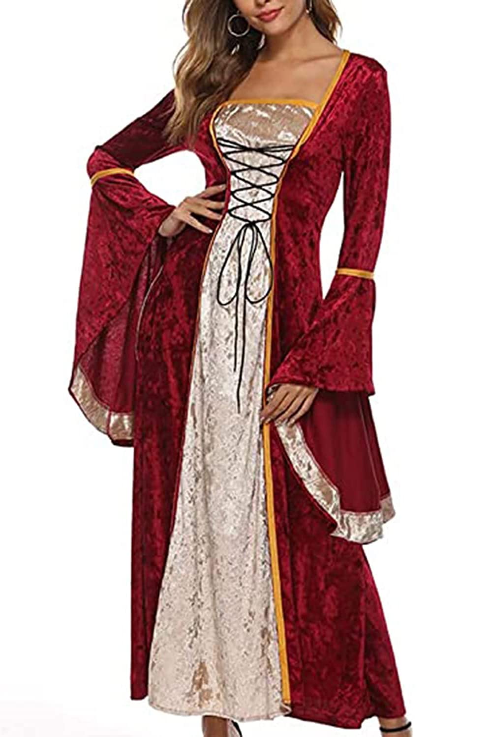 YEAXLUD Womens Renaissance Medieval Costume Dress Lace up Irish Over Long Dresses Cosplay Retro Gown