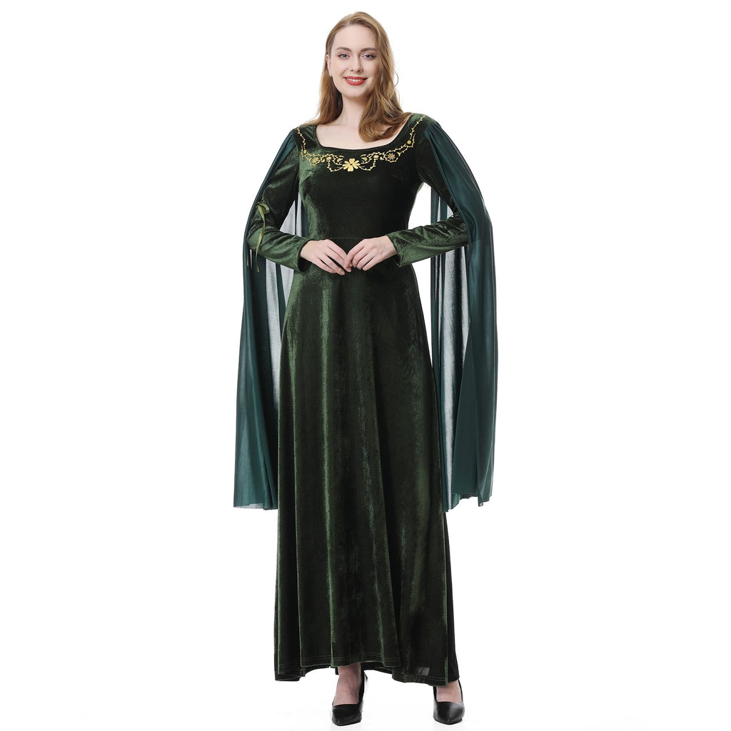 Colorful House Women Medieval Tea Party Dress Victorian Era Bubble Sleeves Velvet High Waist Long Dress with Belt and Gloves