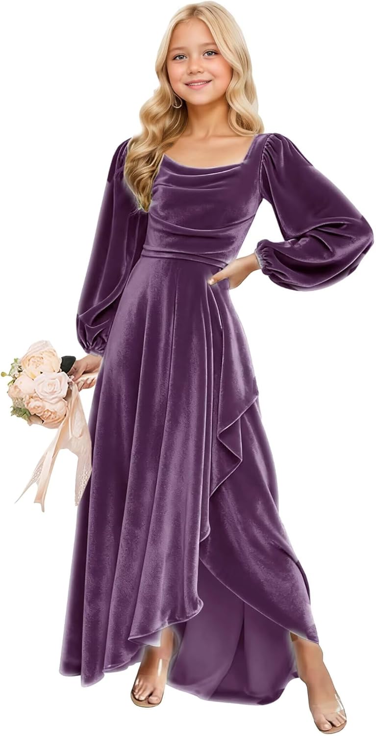 Long Sleeves Junior Bridesmaid Dresses Velvet Flower Girl Dress for Wedding Party Pageant Gowns with Ruffle