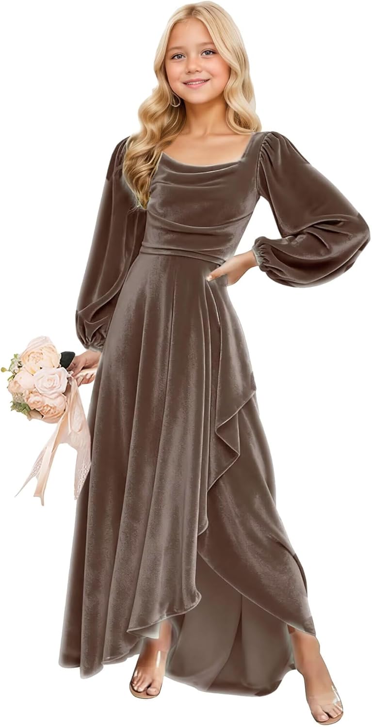 Long Sleeves Junior Bridesmaid Dresses Velvet Flower Girl Dress for Wedding Party Pageant Gowns with Ruffle