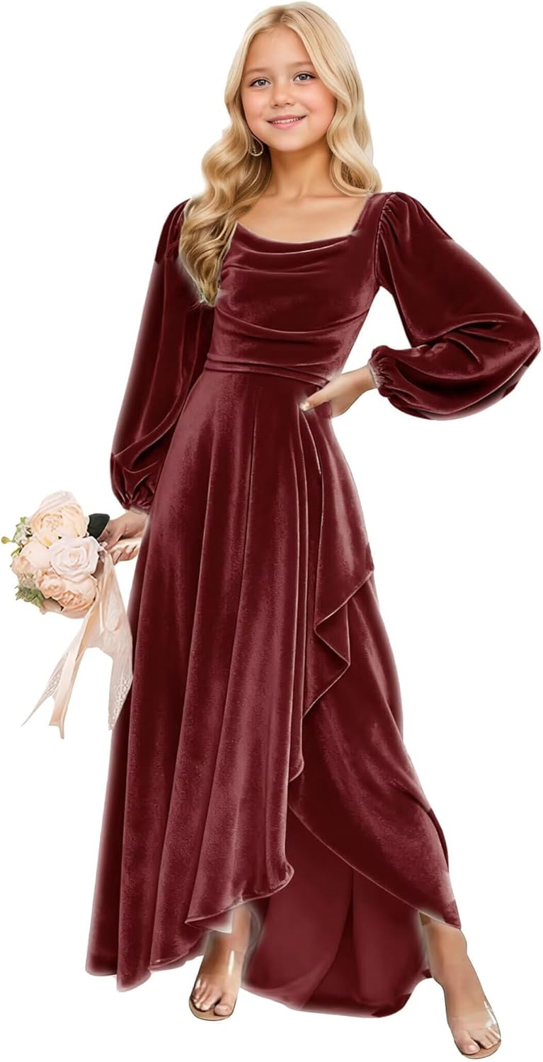 Long Sleeves Junior Bridesmaid Dresses Velvet Flower Girl Dress for Wedding Party Pageant Gowns with Ruffle