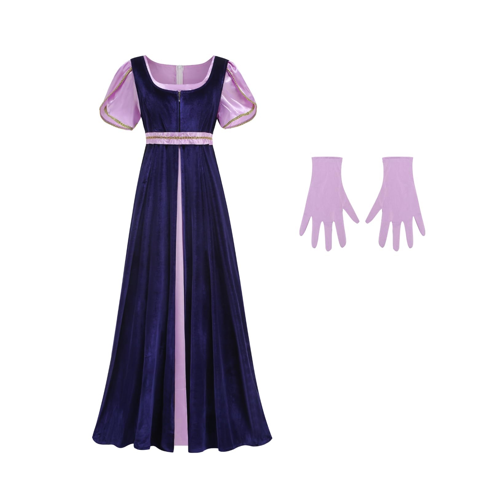 Colorful House Women Medieval Tea Party Dress Victorian Era Bubble Sleeves Velvet High Waist Long Dress with Belt and Gloves