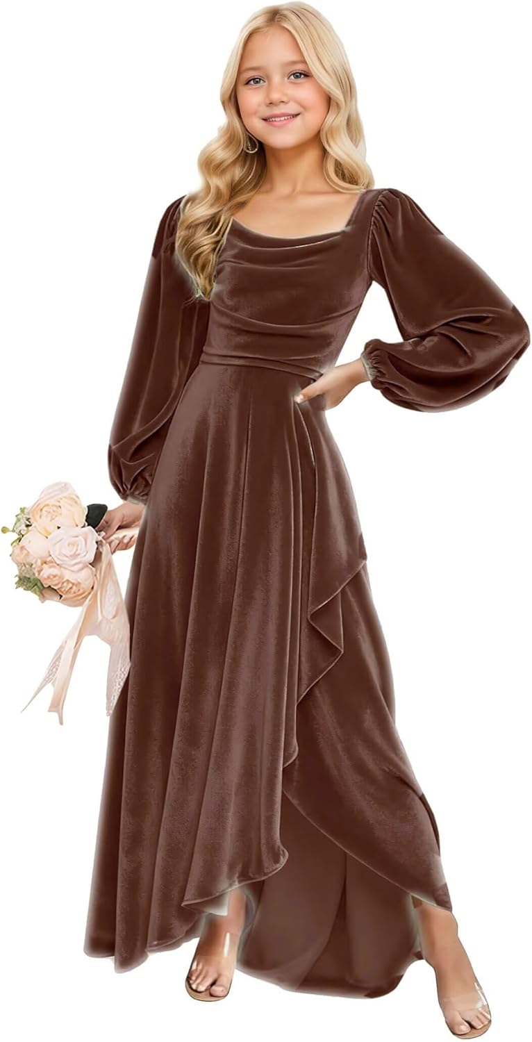 Long Sleeves Junior Bridesmaid Dresses Velvet Flower Girl Dress for Wedding Party Pageant Gowns with Ruffle