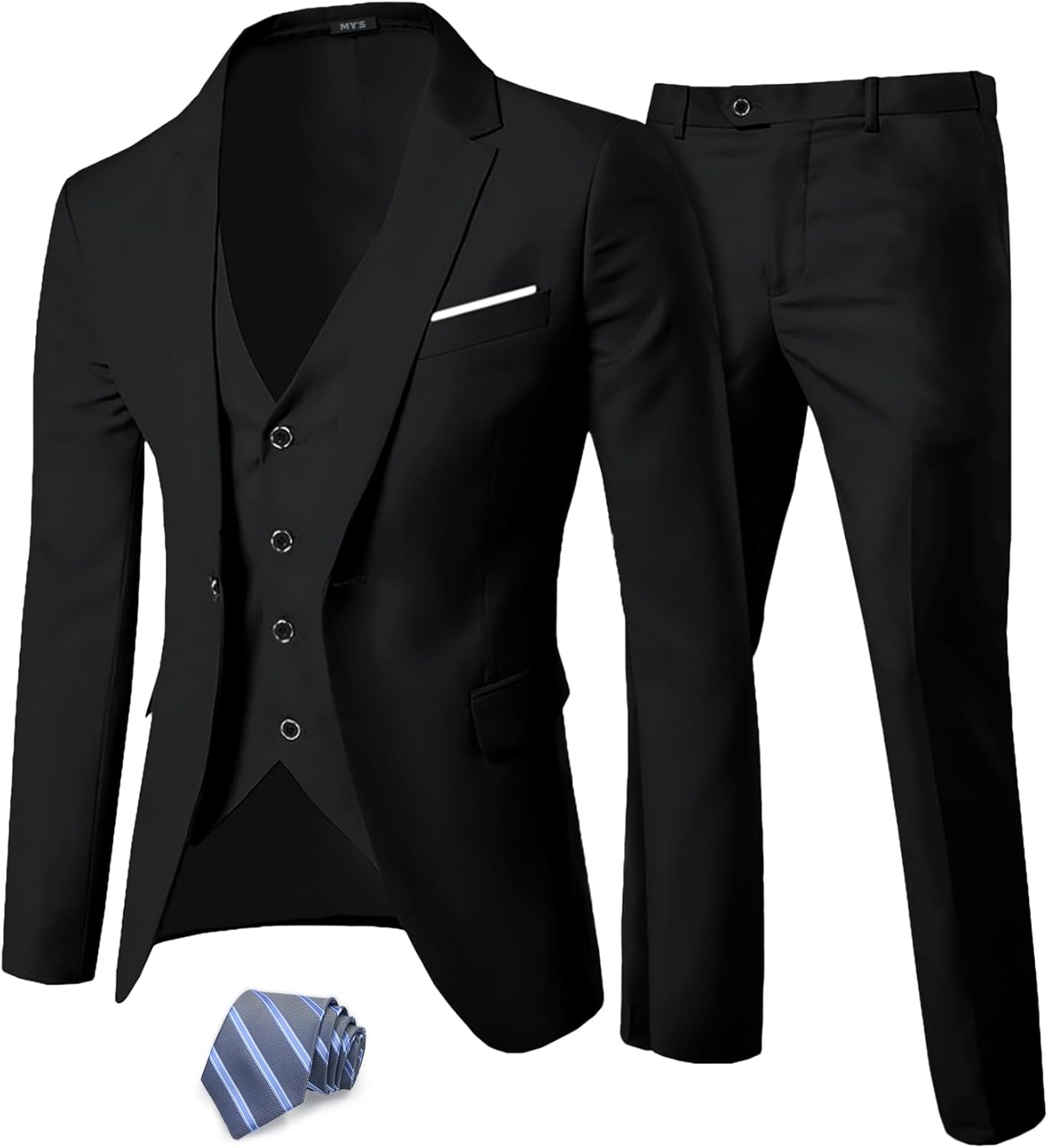 MY'S Men's 3 Piece Suit Set with Tie, One Button Slim Fit Solid Jacket Vest Pants, Prom Party Wedding Business Suits for Men