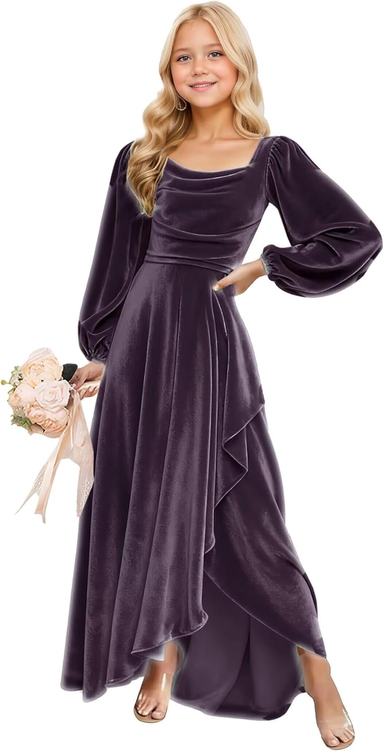 Long Sleeves Junior Bridesmaid Dresses Velvet Flower Girl Dress for Wedding Party Pageant Gowns with Ruffle