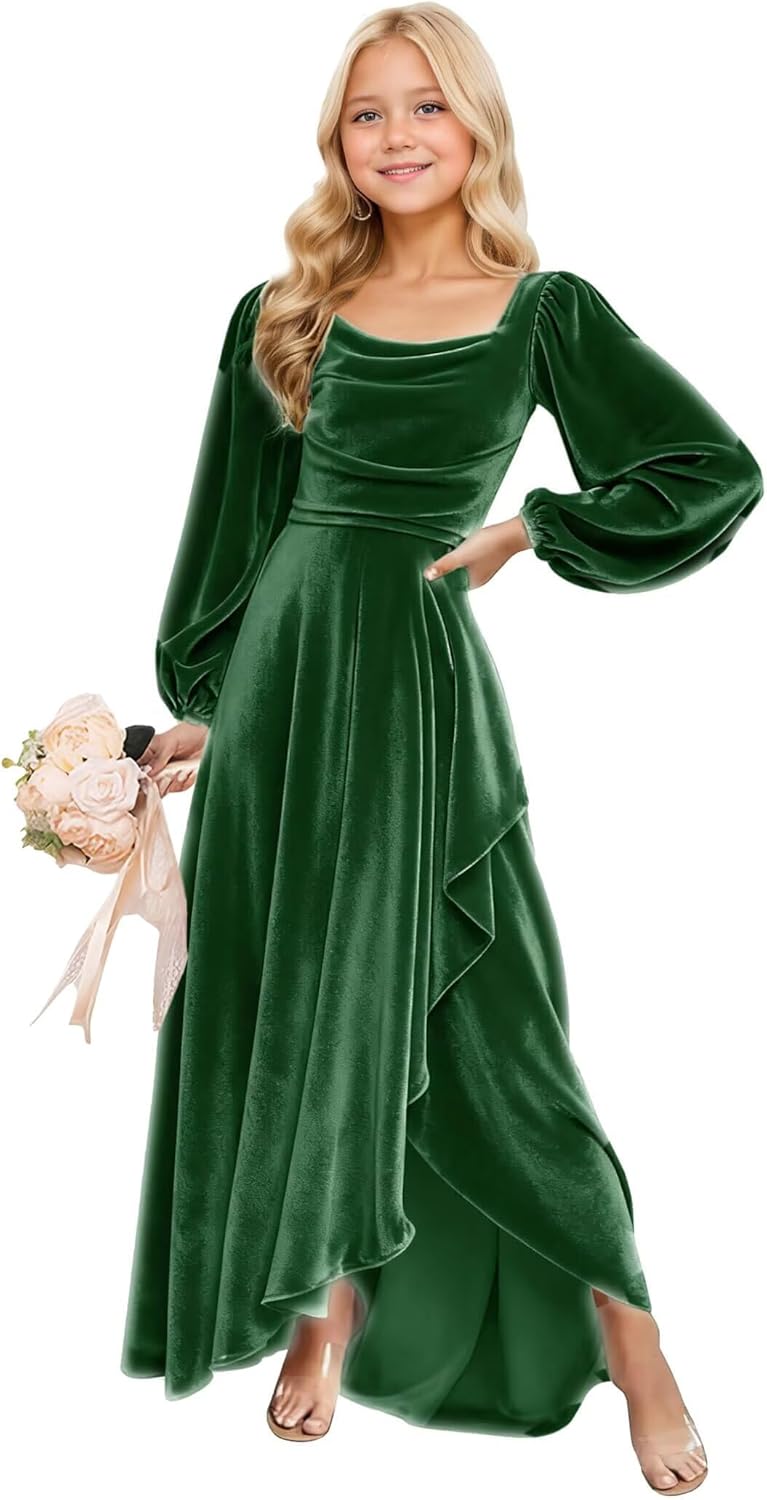 Long Sleeves Junior Bridesmaid Dresses Velvet Flower Girl Dress for Wedding Party Pageant Gowns with Ruffle