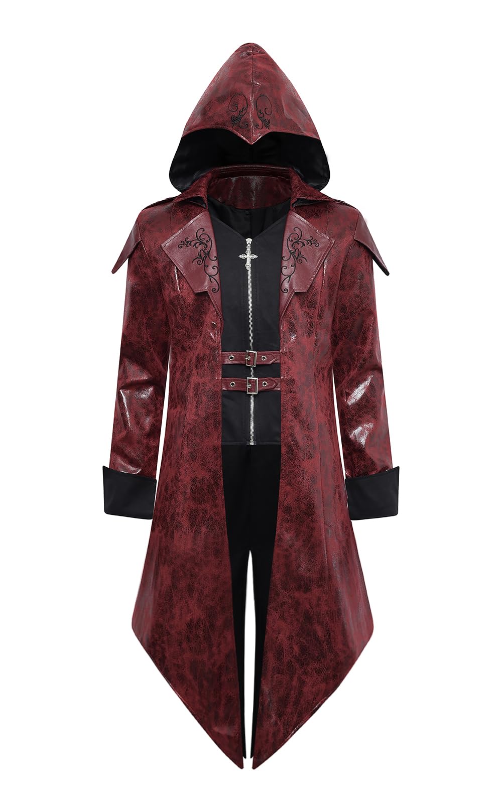 Men's Steampunk PU Leather Jacket with Hood - Gothic Victorian Vampire Coat Medieval Adjustable Tailcoat Gear