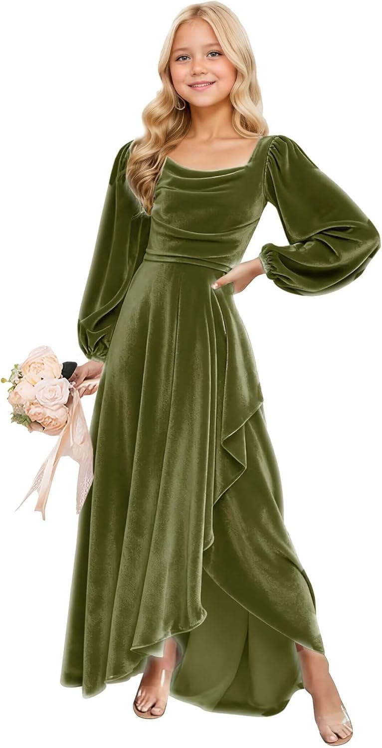 Long Sleeves Junior Bridesmaid Dresses Velvet Flower Girl Dress for Wedding Party Pageant Gowns with Ruffle