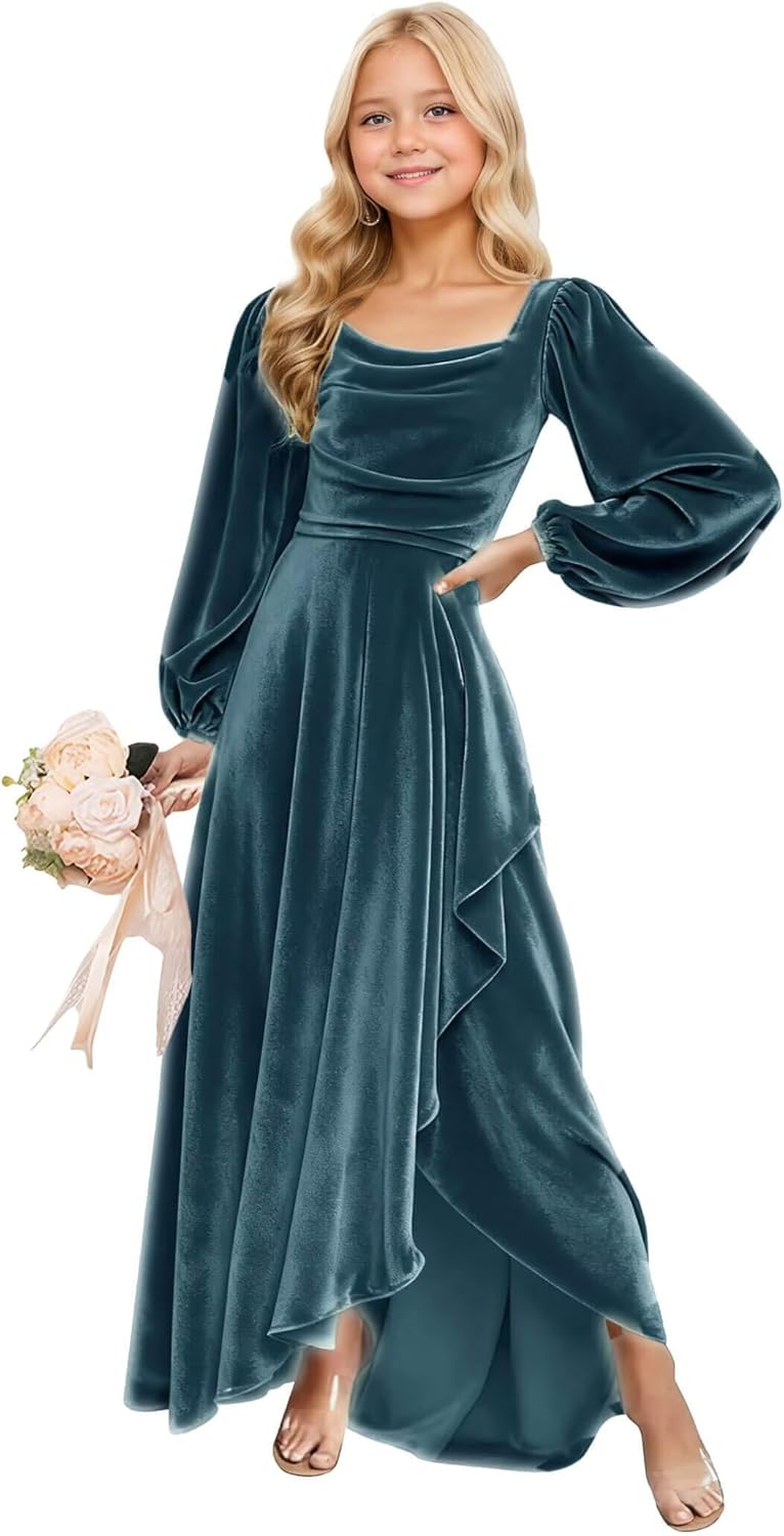 Long Sleeves Junior Bridesmaid Dresses Velvet Flower Girl Dress for Wedding Party Pageant Gowns with Ruffle