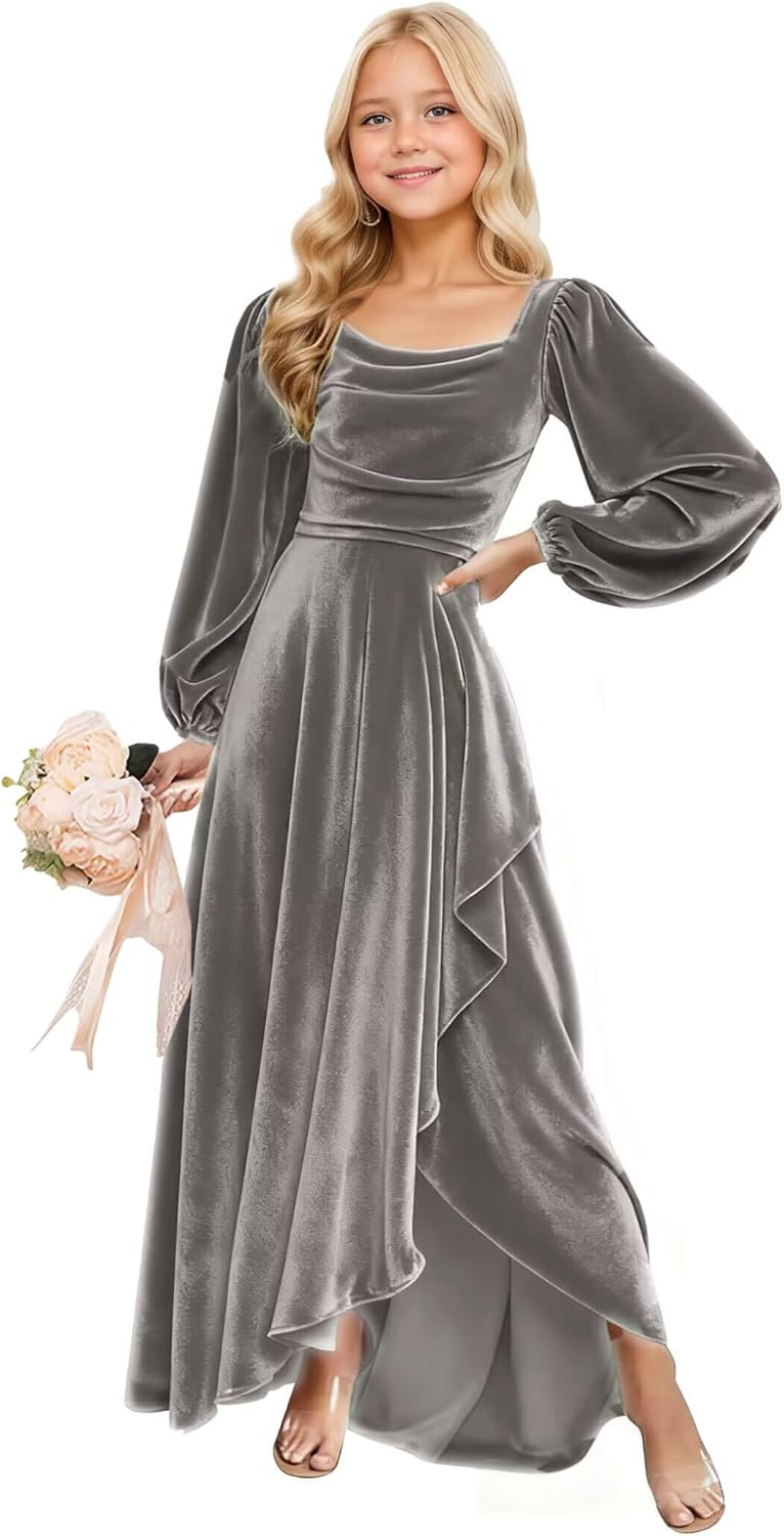 Long Sleeves Junior Bridesmaid Dresses Velvet Flower Girl Dress for Wedding Party Pageant Gowns with Ruffle