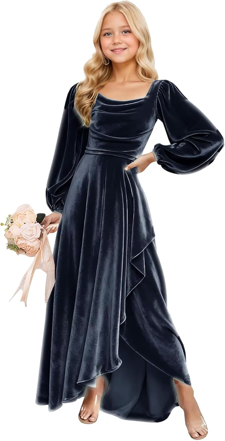 Long Sleeves Junior Bridesmaid Dresses Velvet Flower Girl Dress for Wedding Party Pageant Gowns with Ruffle