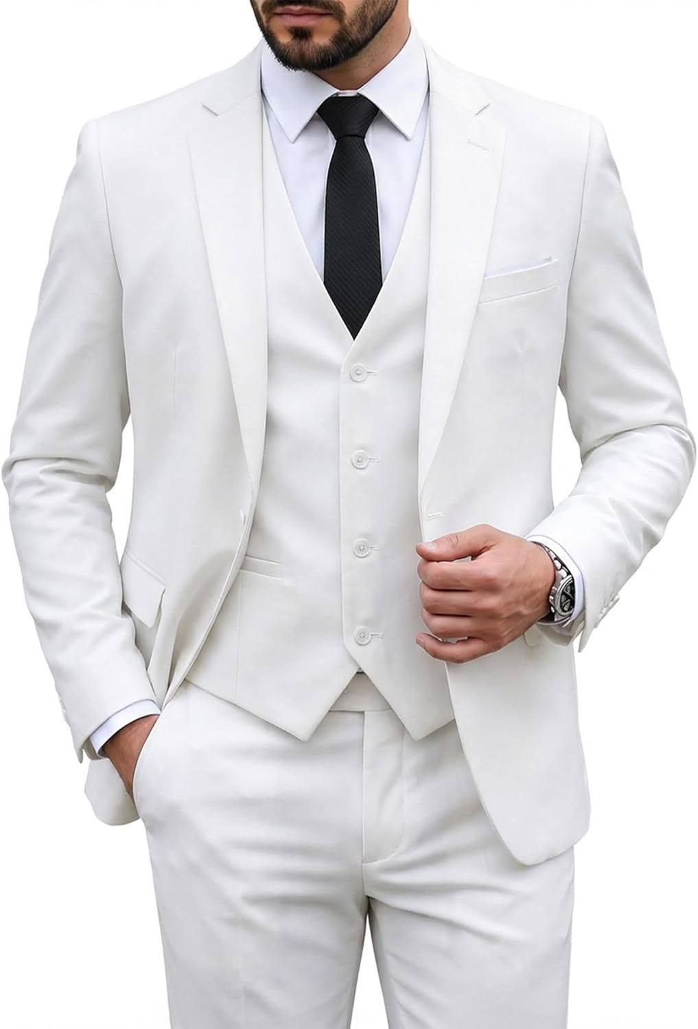 MY'S Men's 3 Piece Suit Set with Tie, One Button Slim Fit Solid Jacket Vest Pants, Prom Party Wedding Business Suits for Men