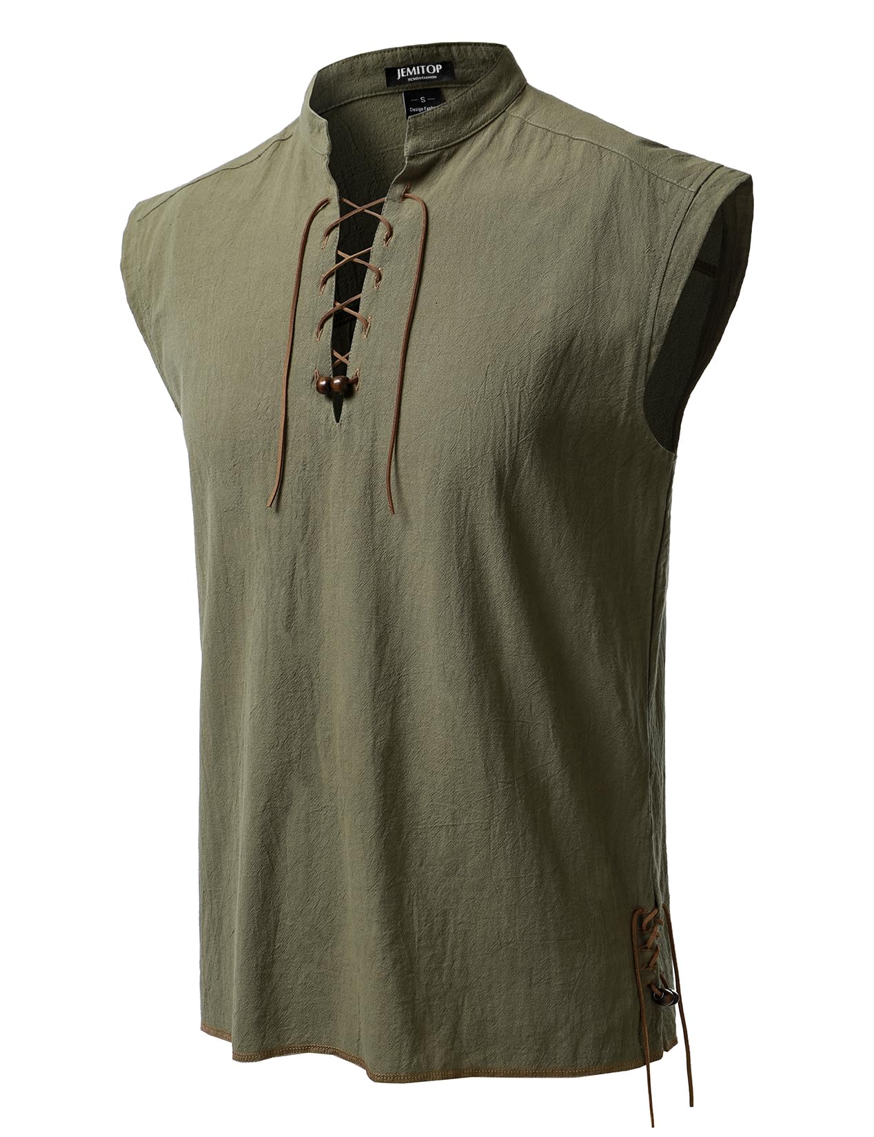 JEMITOP Men's Retro Pure Cotton Lace Up Sleeveless Shirts for Pirate Renaissance Medieval Viking Costume