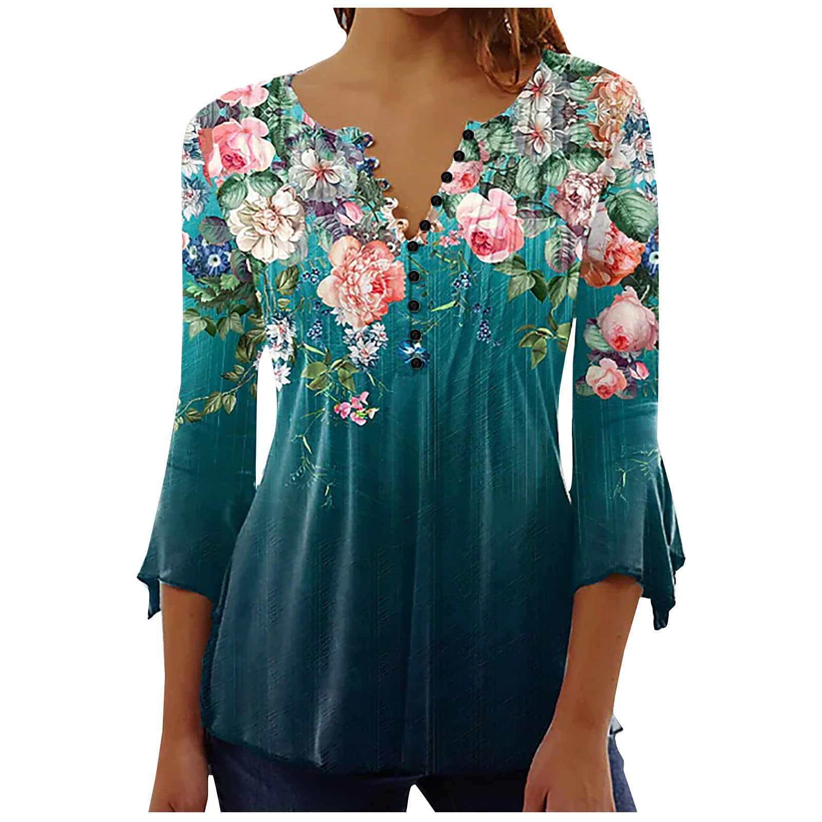 Summer Tops for Women 2026 Trendy Boho Floral Print Tunic Shirts 3/4 Bell Sleeve Button v Neck Tshirt Casual Loose Blouse