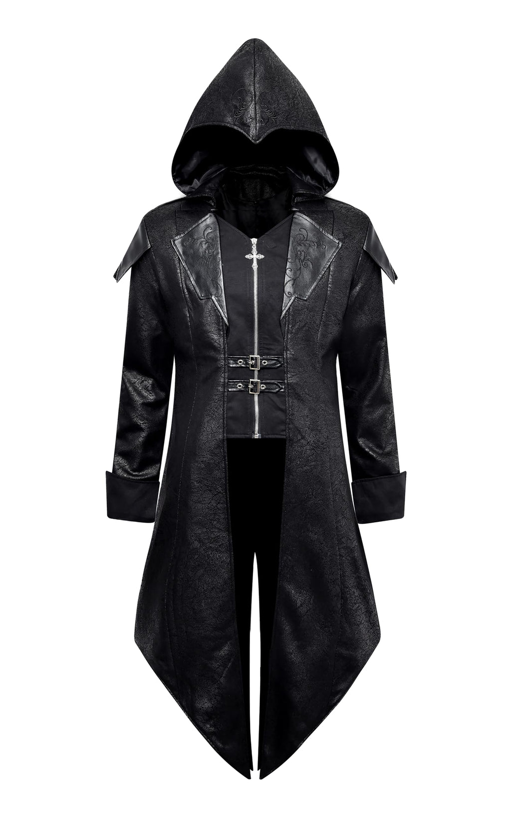 Men's Steampunk PU Leather Jacket with Hood - Gothic Victorian Vampire Coat Medieval Adjustable Tailcoat Gear