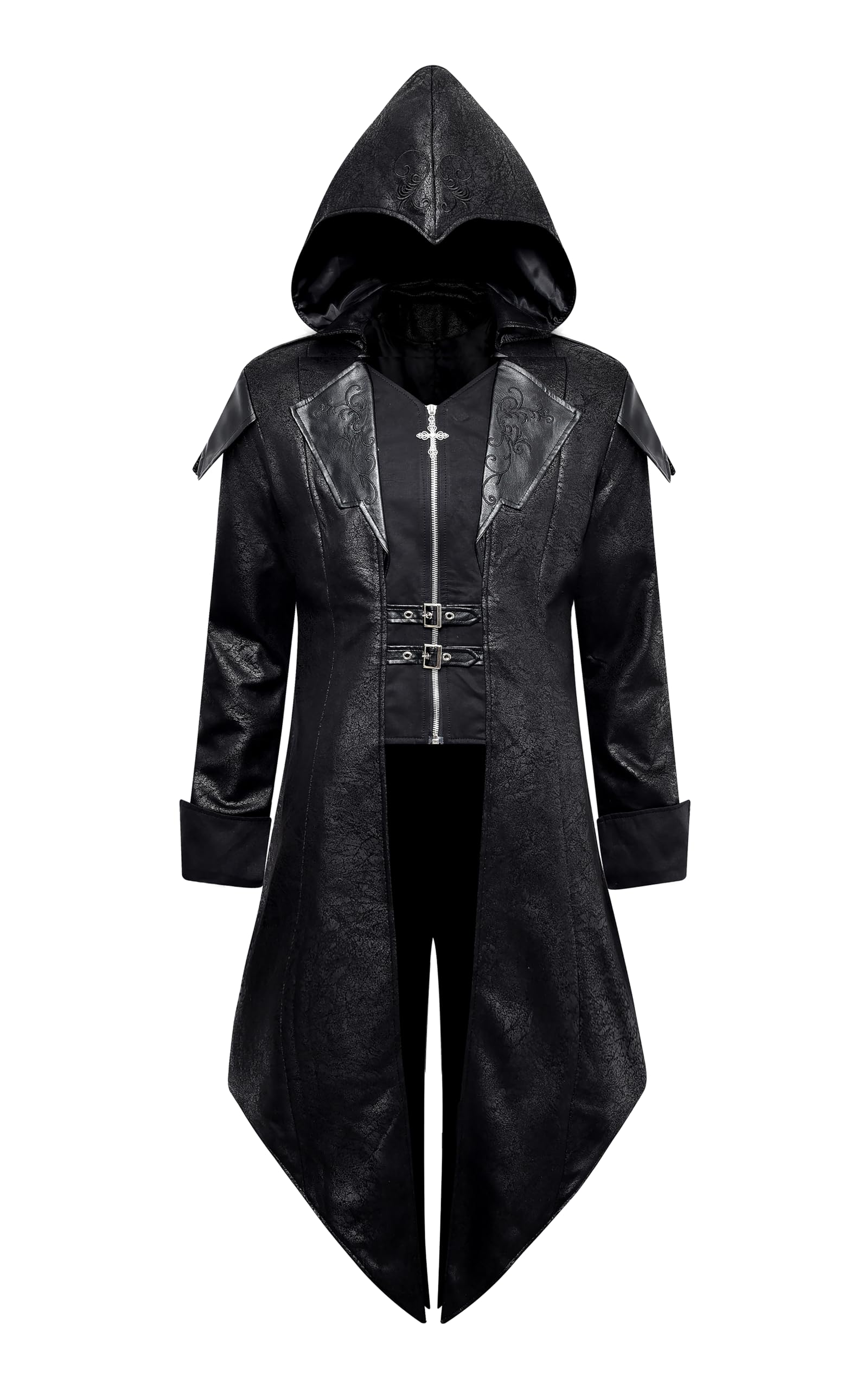 Men's Steampunk PU Leather Jacket with Hood - Gothic Victorian Vampire Coat Medieval Adjustable Tailcoat Gear