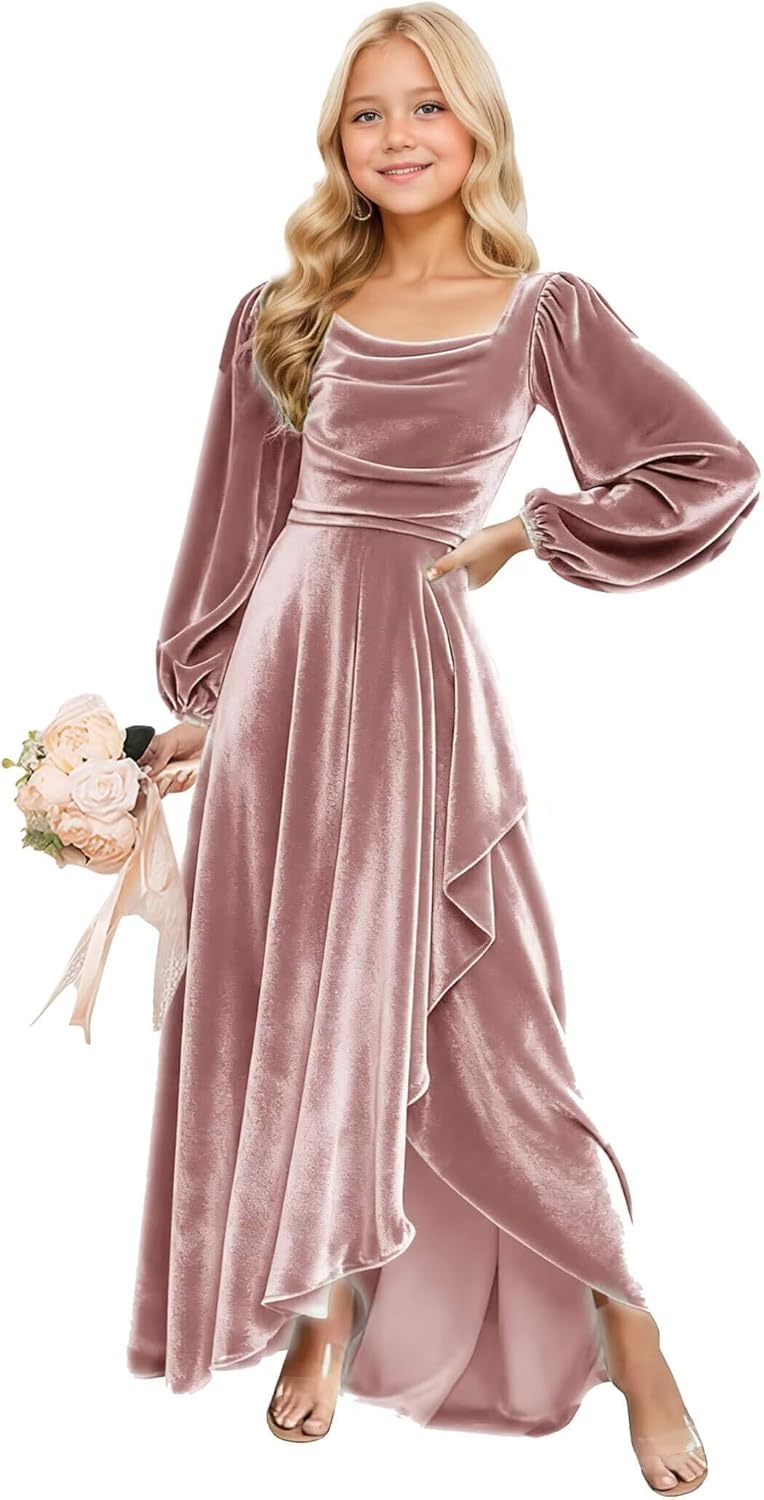 Long Sleeves Junior Bridesmaid Dresses Velvet Flower Girl Dress for Wedding Party Pageant Gowns with Ruffle