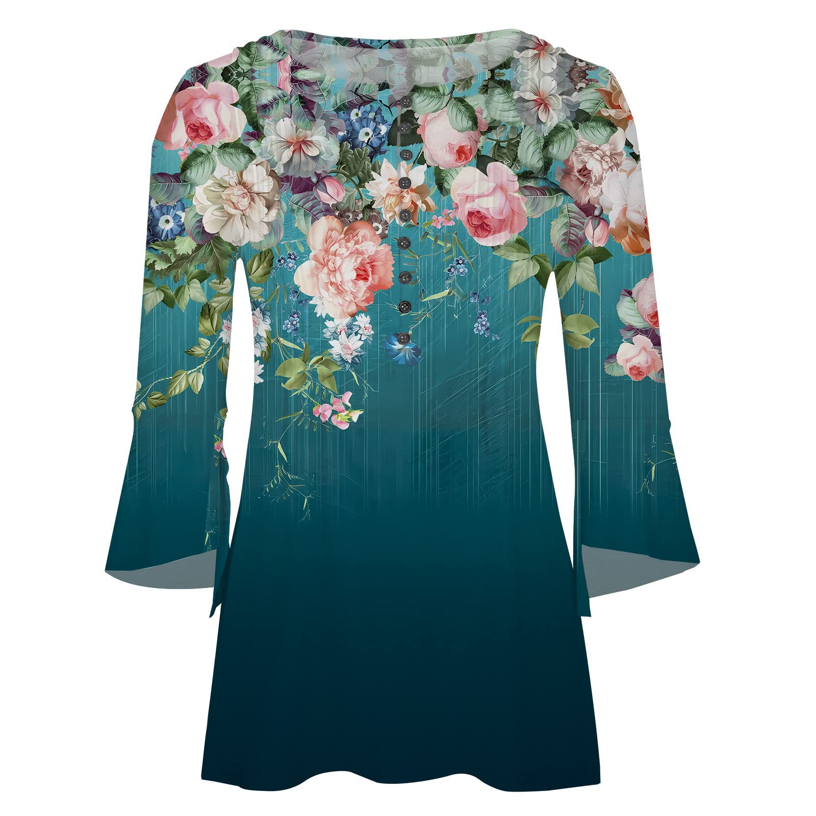 Summer Tops for Women 2026 Trendy Boho Floral Print Tunic Shirts 3/4 Bell Sleeve Button v Neck Tshirt Casual Loose Blouse