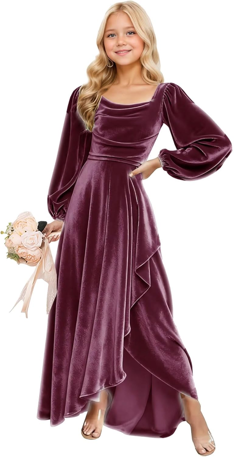 Long Sleeves Junior Bridesmaid Dresses Velvet Flower Girl Dress for Wedding Party Pageant Gowns with Ruffle