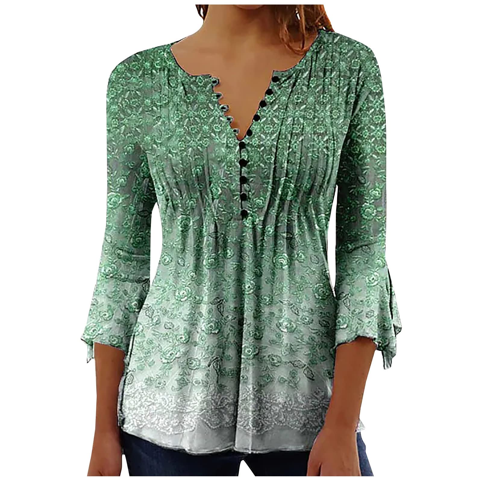 Summer Tops for Women 2026 Trendy Boho Floral Print Tunic Shirts 3/4 Bell Sleeve Button v Neck Tshirt Casual Loose Blouse