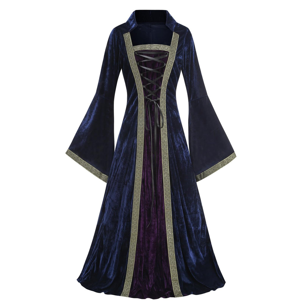 Colorful House Women Medieval Tea Party Dress Victorian Era Bubble Sleeves Velvet High Waist Long Dress with Belt and Gloves