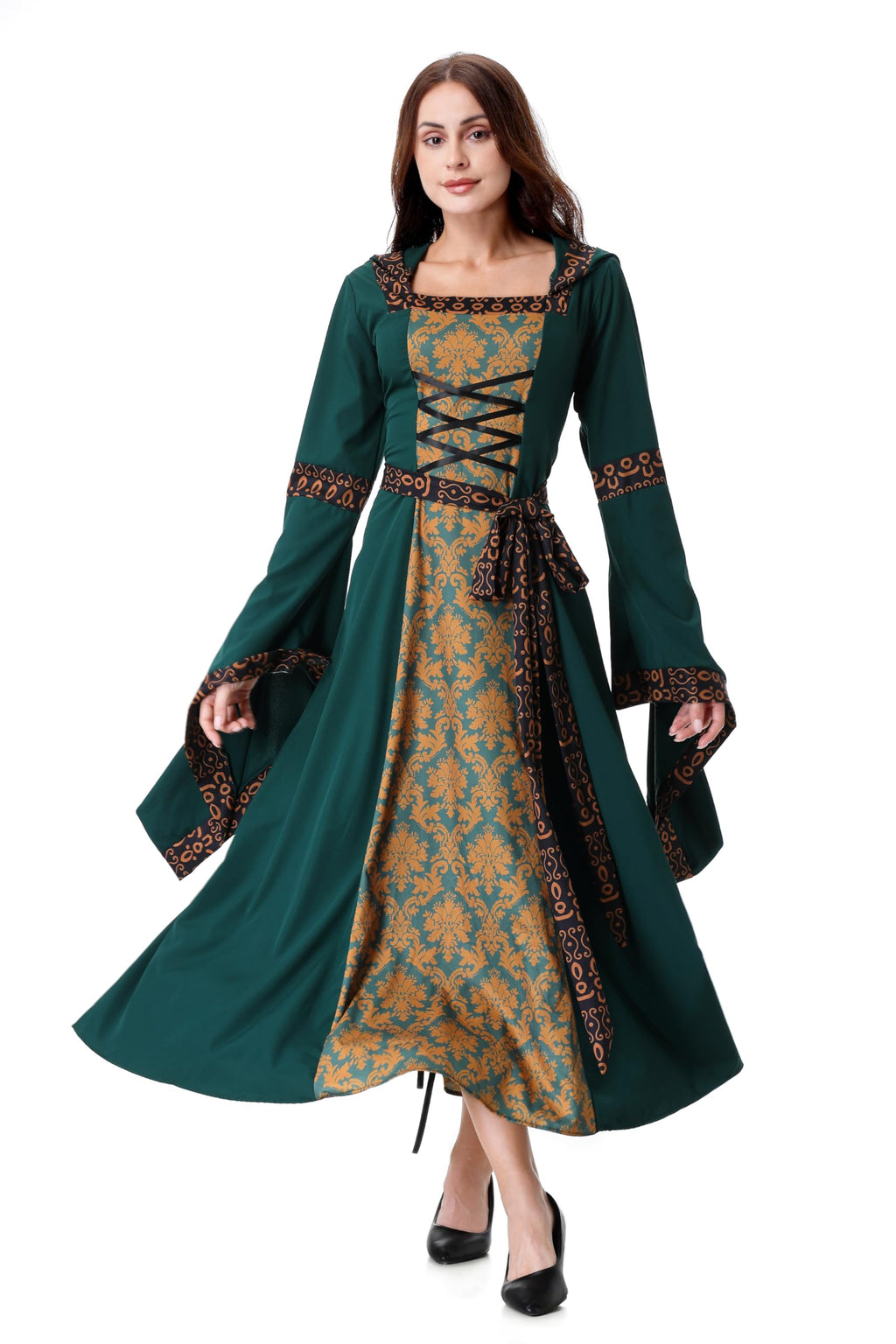 Colorful House Women Medieval Tea Party Dress Victorian Era Bubble Sleeves Velvet High Waist Long Dress with Belt and Gloves