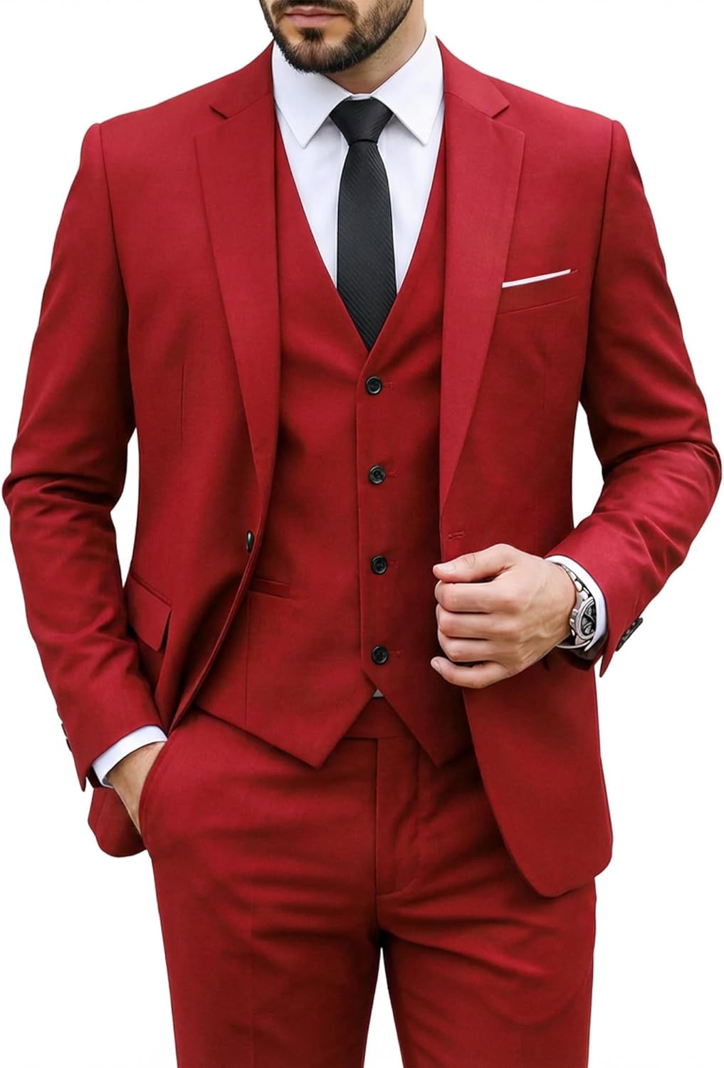 MY'S Men's 3 Piece Suit Set with Tie, One Button Slim Fit Solid Jacket Vest Pants, Prom Party Wedding Business Suits for Men