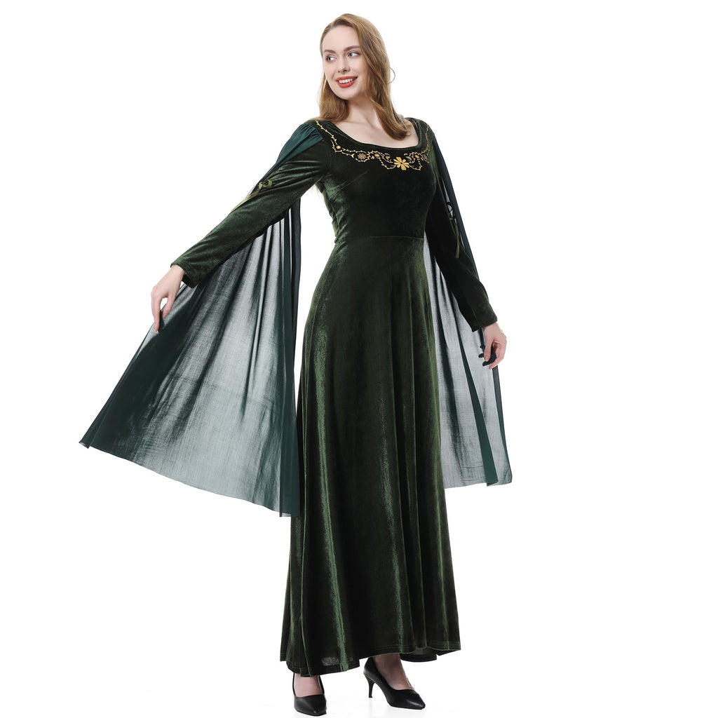 Colorful House Women Medieval Tea Party Dress Victorian Era Bubble Sleeves Velvet High Waist Long Dress with Belt and Gloves