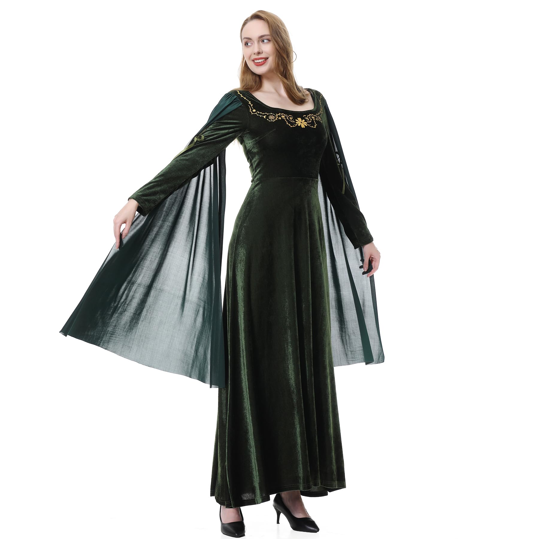Colorful House Women Medieval Tea Party Dress Victorian Era Bubble Sleeves Velvet High Waist Long Dress with Belt and Gloves
