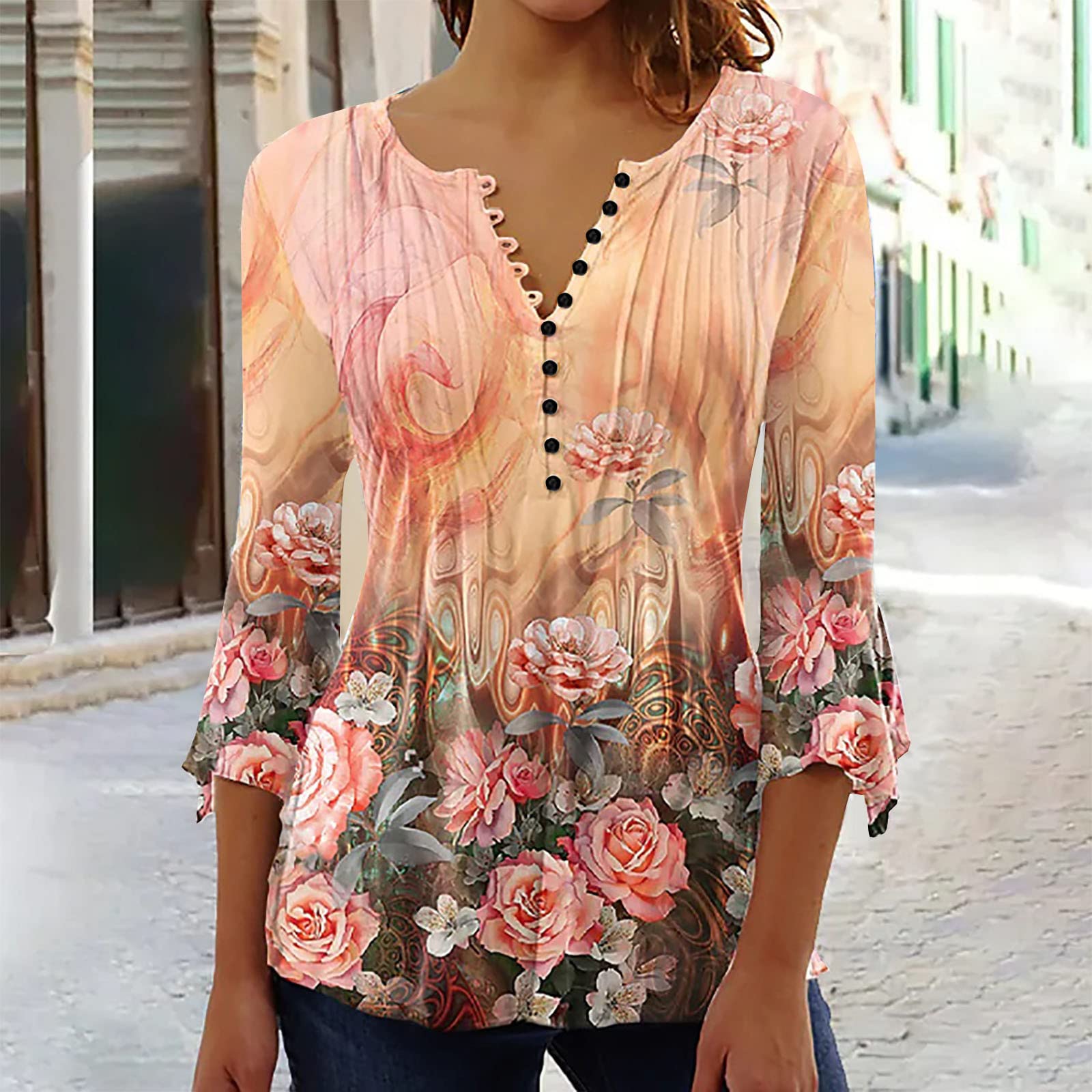 Summer Tops for Women 2026 Trendy Boho Floral Print Tunic Shirts 3/4 Bell Sleeve Button v Neck Tshirt Casual Loose Blouse
