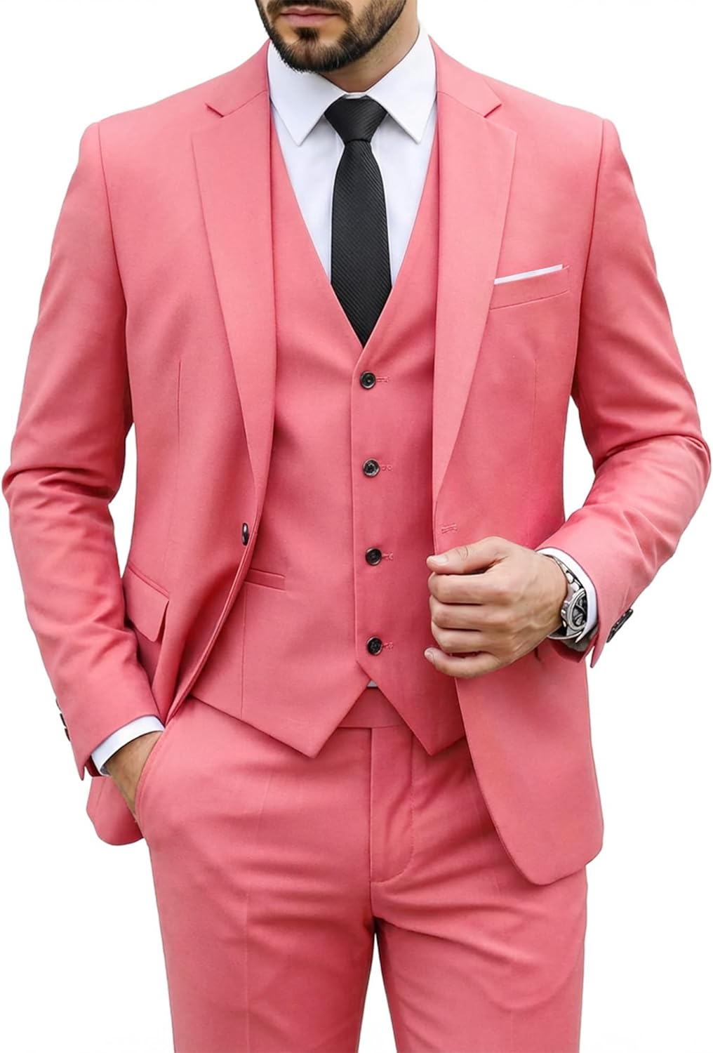 MY'S Men's 3 Piece Suit Set with Tie, One Button Slim Fit Solid Jacket Vest Pants, Prom Party Wedding Business Suits for Men