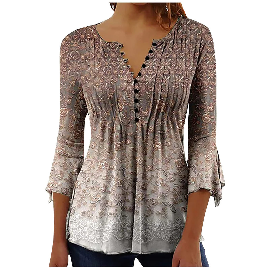 Summer Tops for Women 2026 Trendy Boho Floral Print Tunic Shirts 3/4 Bell Sleeve Button v Neck Tshirt Casual Loose Blouse