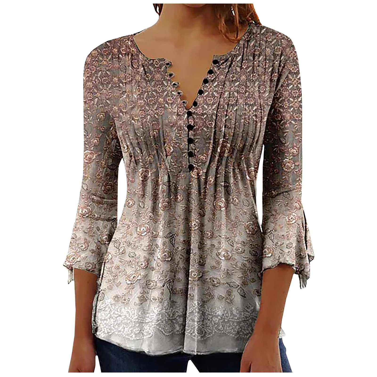 Summer Tops for Women 2026 Trendy Boho Floral Print Tunic Shirts 3/4 Bell Sleeve Button v Neck Tshirt Casual Loose Blouse
