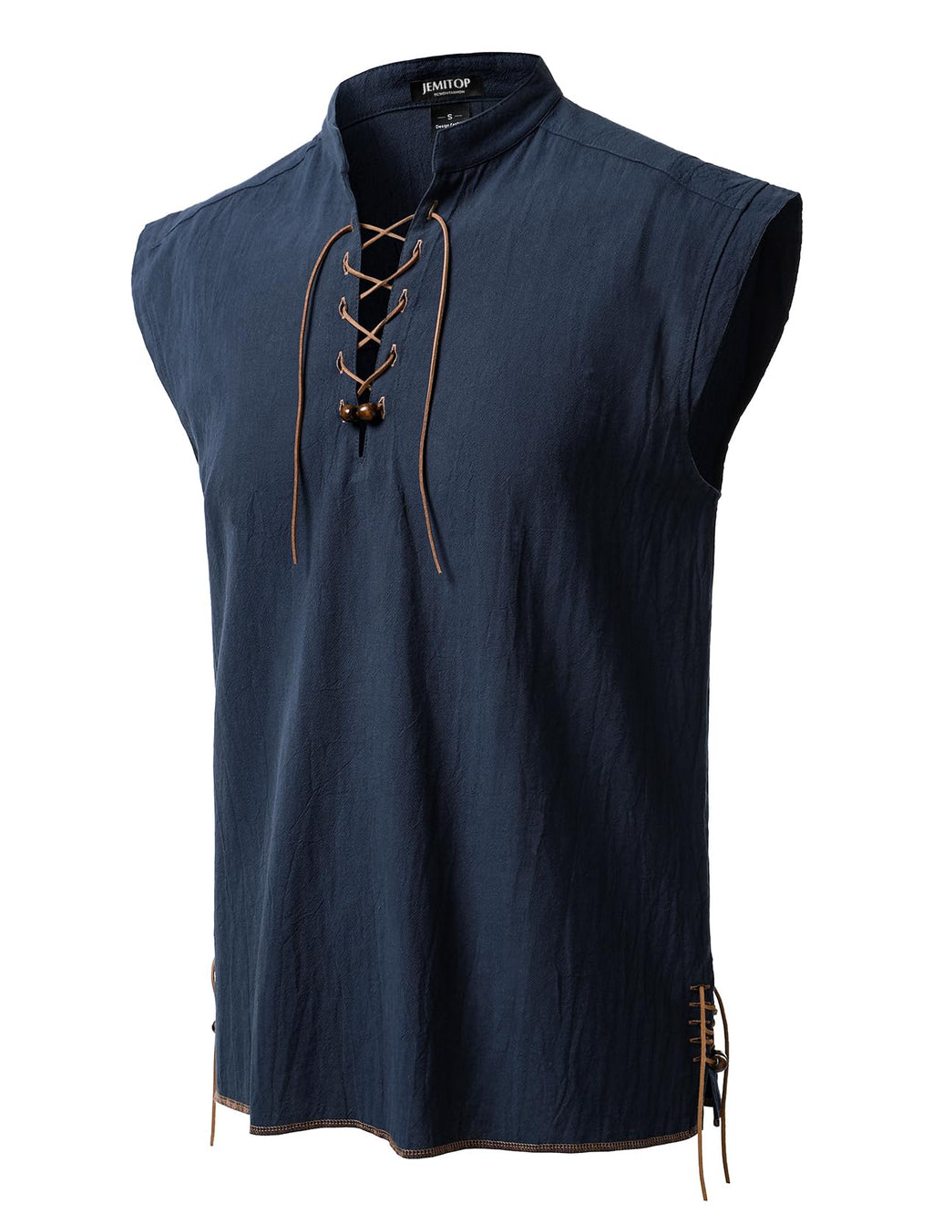 JEMITOP Men's Retro Pure Cotton Lace Up Sleeveless Shirts for Pirate Renaissance Medieval Viking Costume