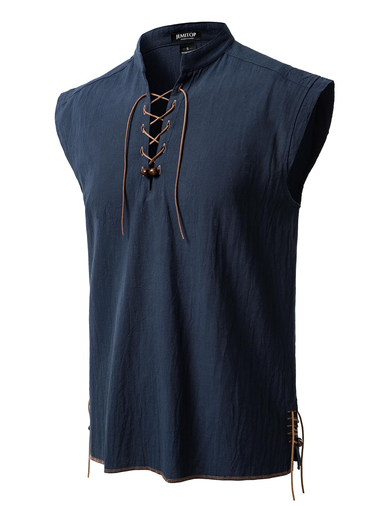 JEMITOP Men's Retro Pure Cotton Lace Up Sleeveless Shirts for Pirate Renaissance Medieval Viking Costume