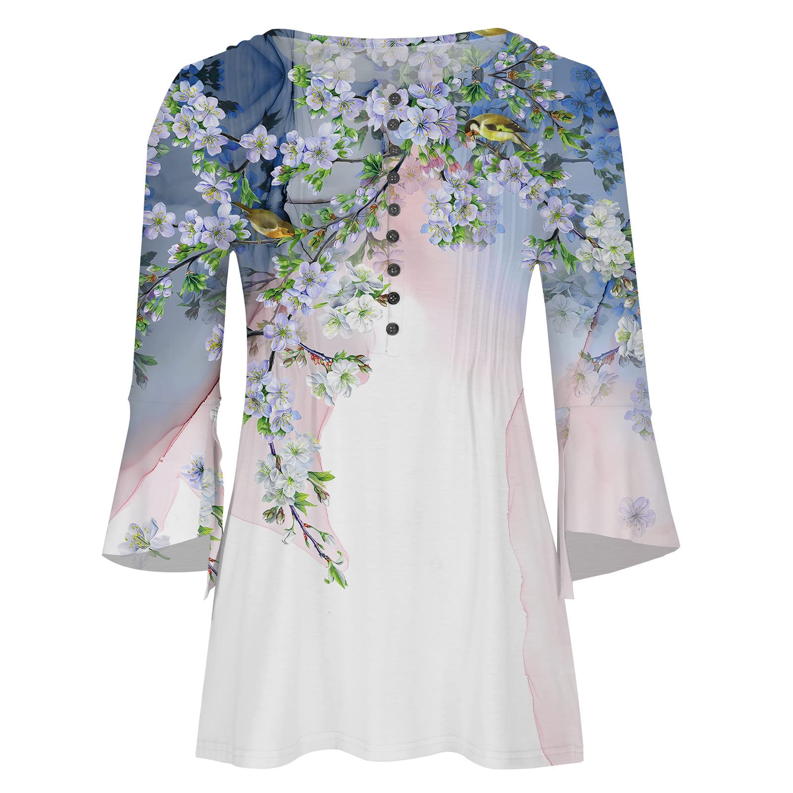 Summer Tops for Women 2026 Trendy Boho Floral Print Tunic Shirts 3/4 Bell Sleeve Button v Neck Tshirt Casual Loose Blouse