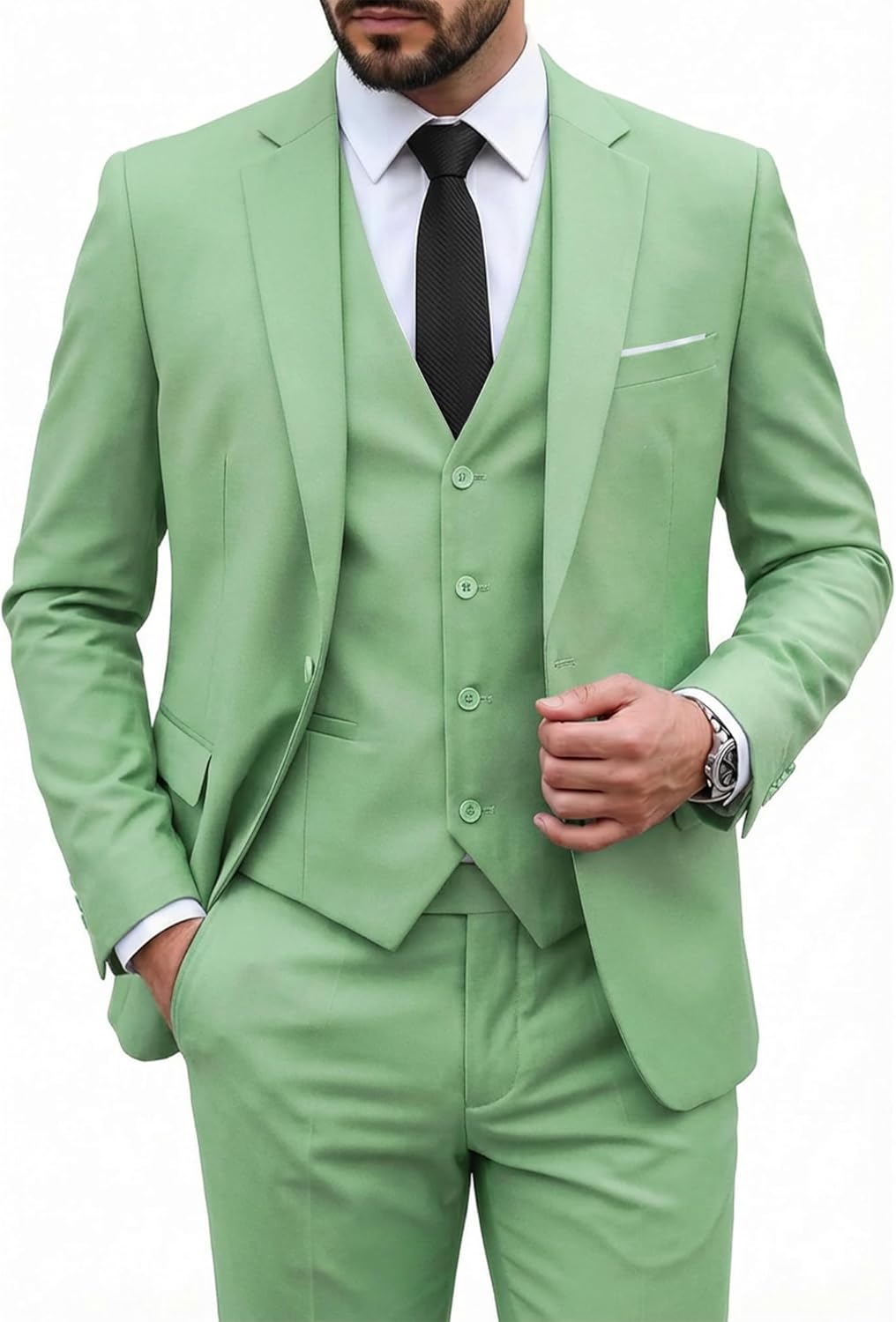 MY'S Men's 3 Piece Suit Set with Tie, One Button Slim Fit Solid Jacket Vest Pants, Prom Party Wedding Business Suits for Men