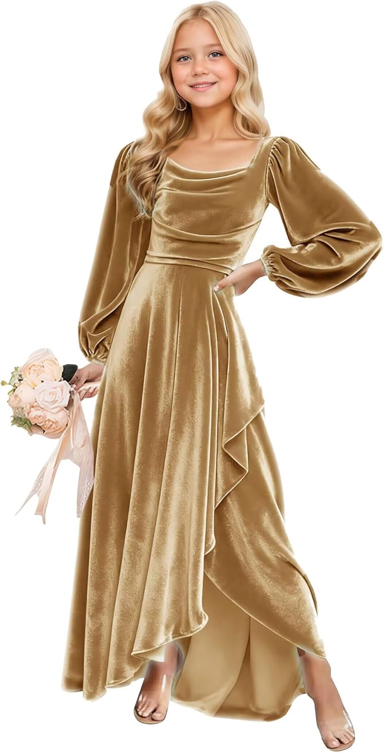 Long Sleeves Junior Bridesmaid Dresses Velvet Flower Girl Dress for Wedding Party Pageant Gowns with Ruffle