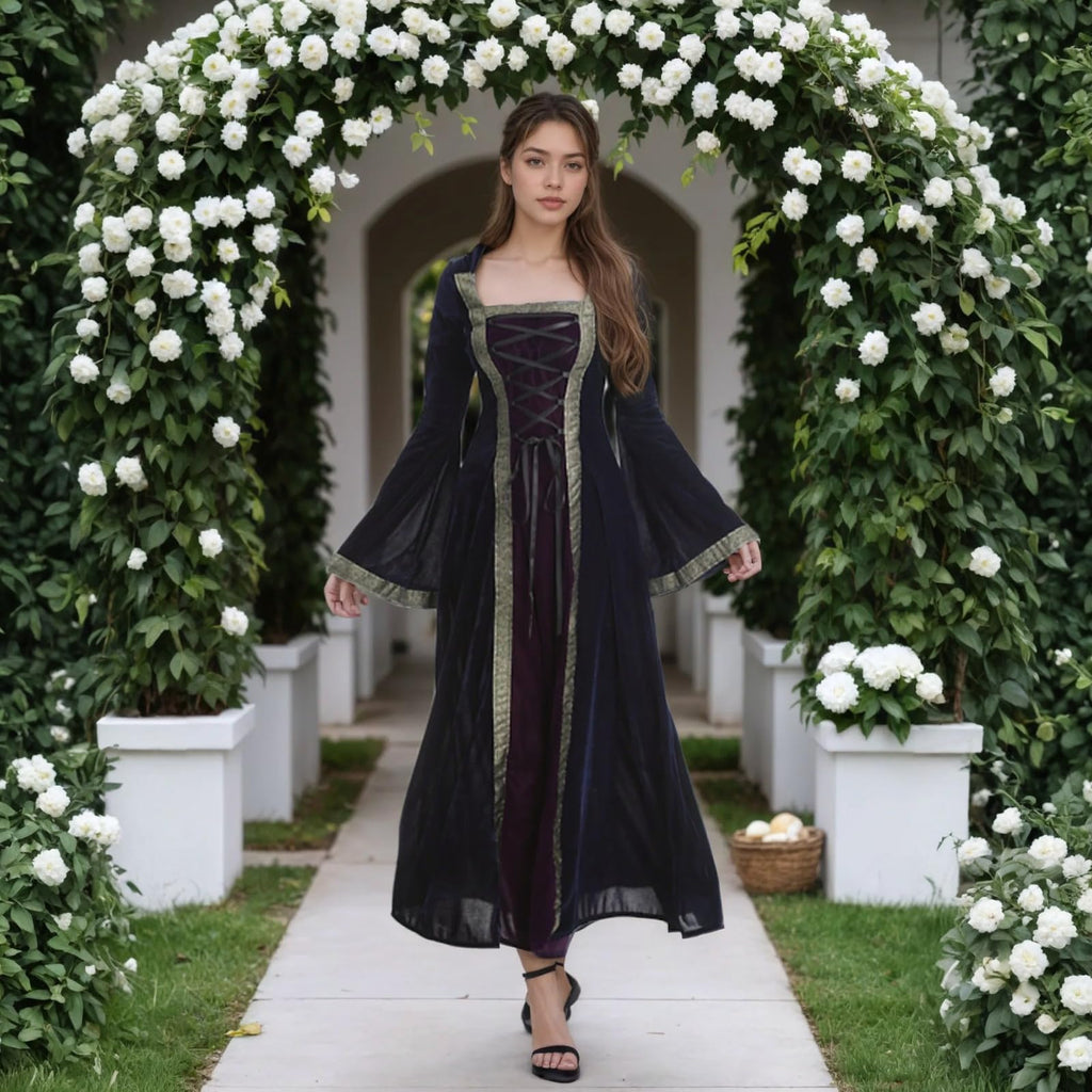 Colorful House Women Medieval Tea Party Dress Victorian Era Bubble Sleeves Velvet High Waist Long Dress with Belt and Gloves