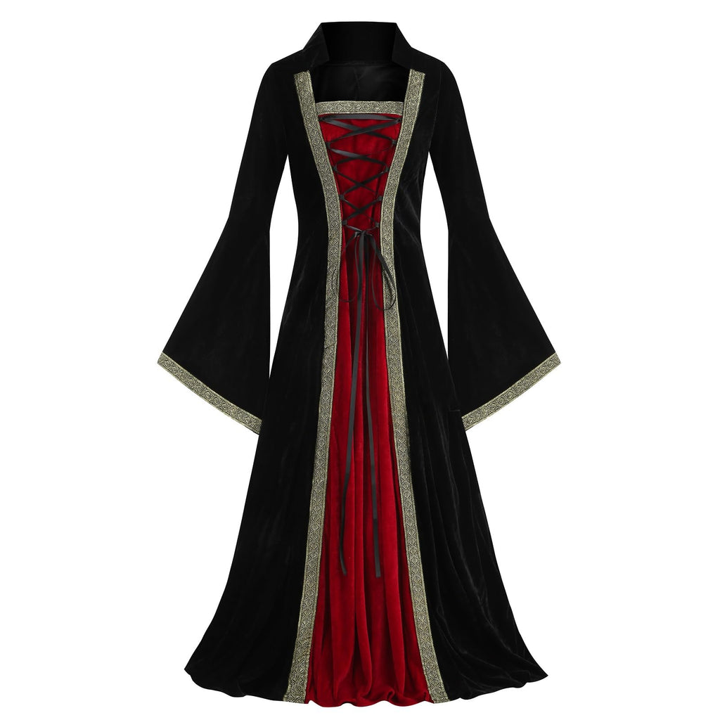 Colorful House Women Medieval Tea Party Dress Victorian Era Bubble Sleeves Velvet High Waist Long Dress with Belt and Gloves
